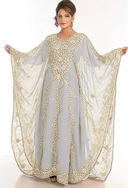WUBU Kaftan Maxi Dress in light gray with gold floral embroidery and flowing cape sleeves on Tampa Home & Garden Store