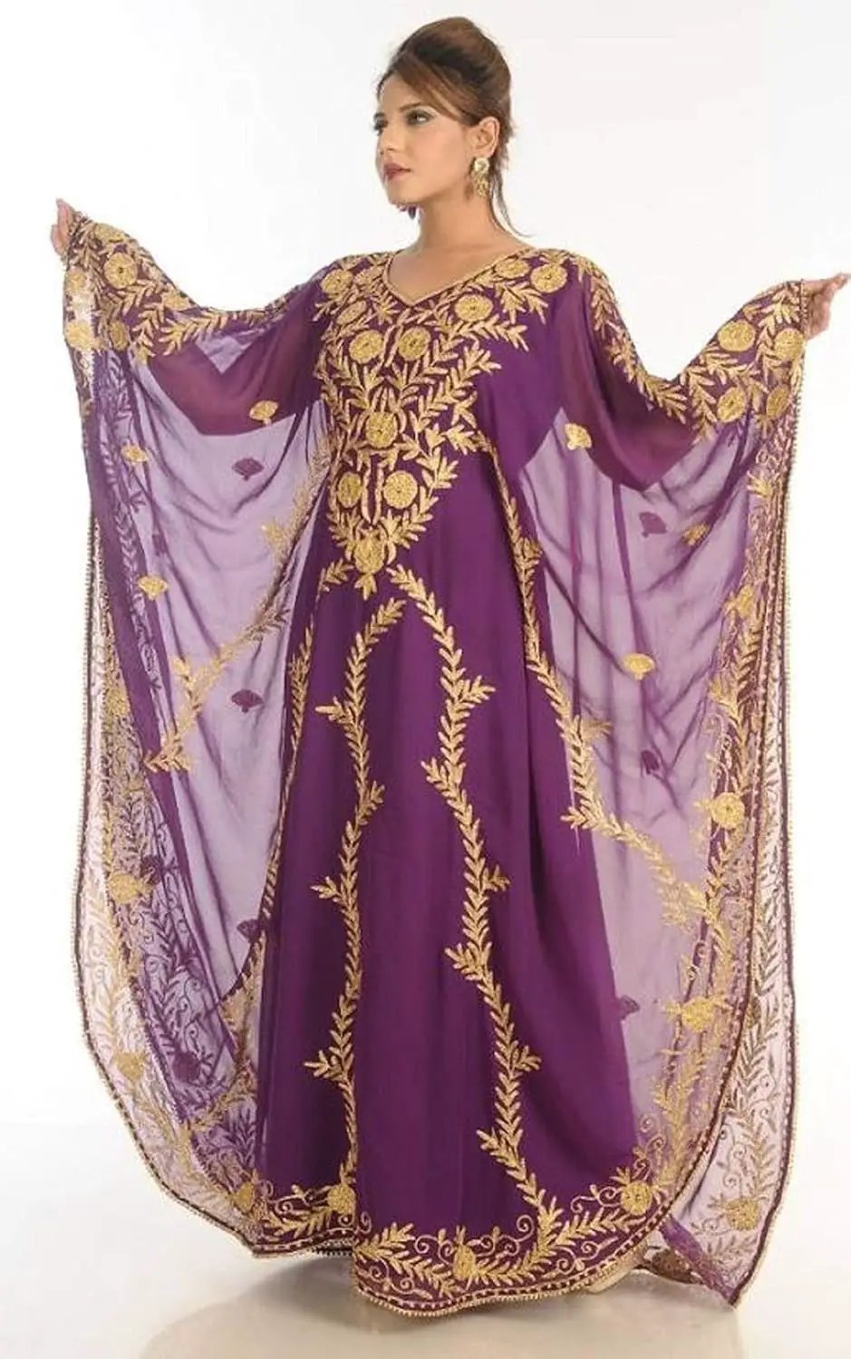 WUBU Kaftan Maxi Dress in royal purple with gold embroidery and sheer cape sleeves on Tampa Home & Garden Store
