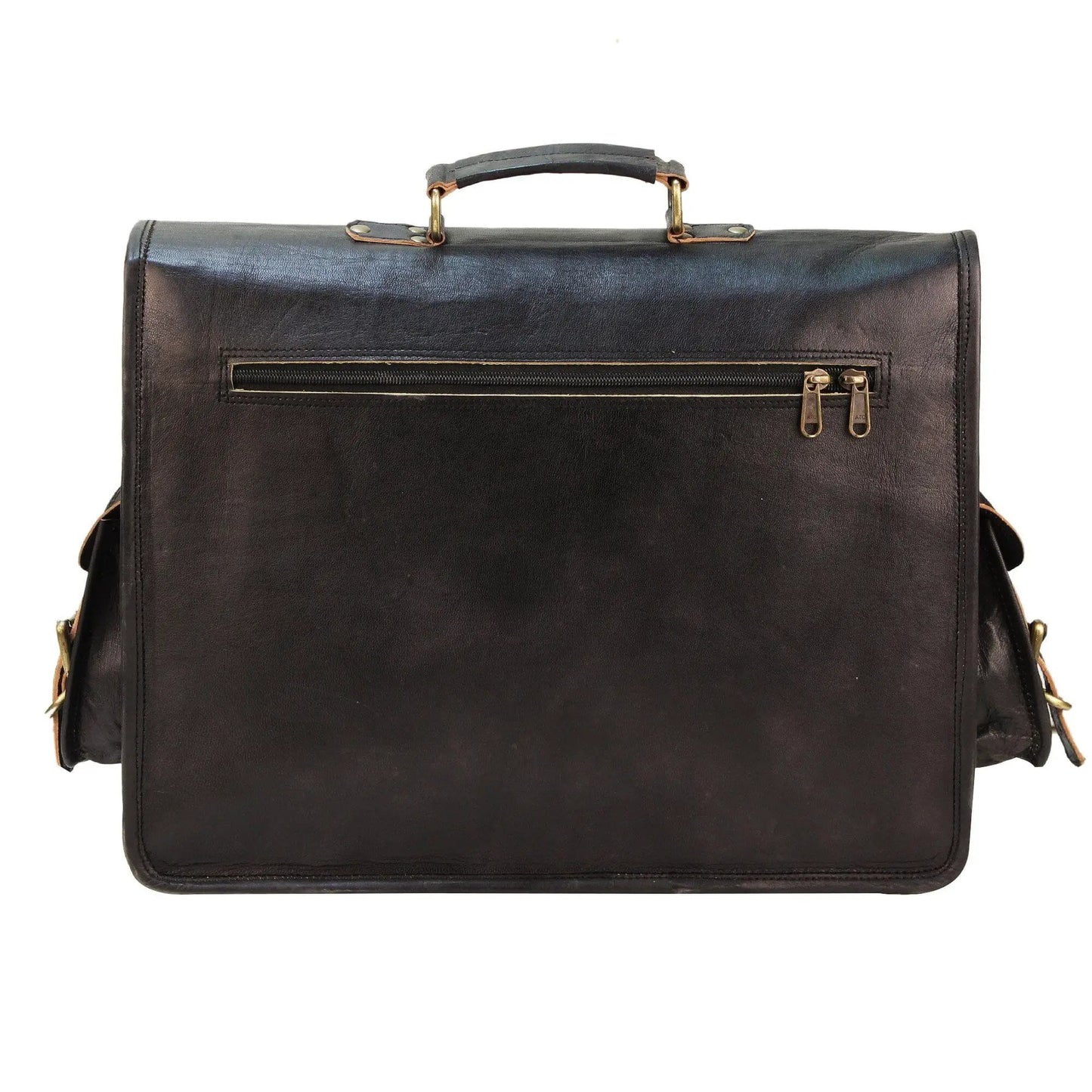 Vintage black leather messenger bag with top handle and brass hardware on Tampa Home & Garden Store