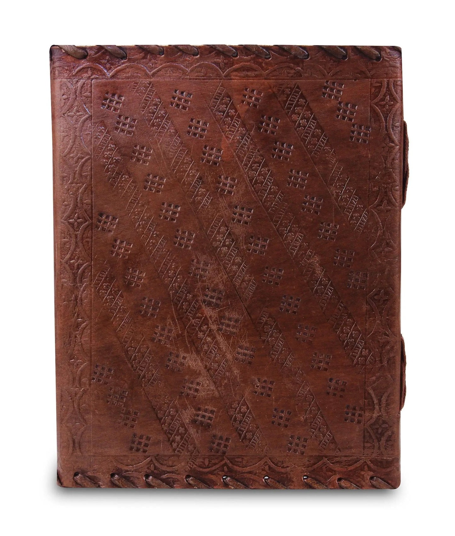 Vintage brown leather notebook with embossed pattern and stitched border Classy Leather Bags on Tampa Home & Garden Store