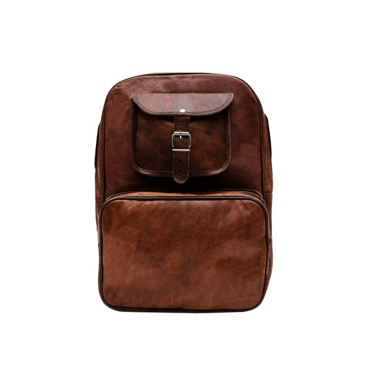 Vintage Traveller Backpack by Classy Leather Bags, brown leather with front buckle on Tampa Home & Garden Store