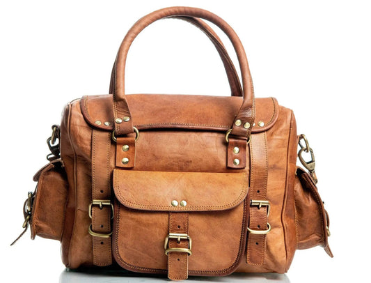 Walker Goat Leather Unisex Duffle Bag in tan leather with brass hardware on Tampa Home & Garden Store
