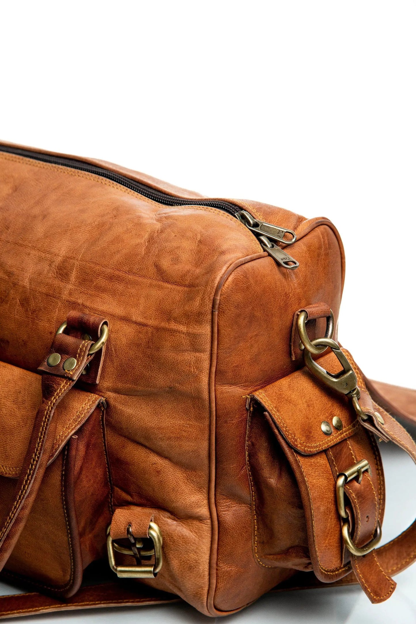 Walker Goat Leather Unisex Duffle Bag warm brown leather with brass hardware on Tampa Home & Garden Store