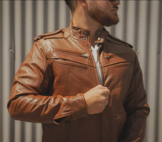 Wilkinson Tan Lambskin Leather Jacket bomber style with zip pockets on Tampa Home & Garden Store
