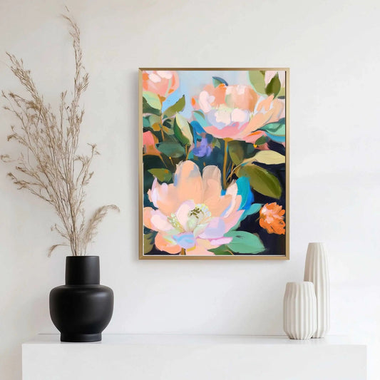 Peonies Arrived Today art print in a gold frame with bright pinks and greens abstract floral scene on Tampa Home & Garden Store
