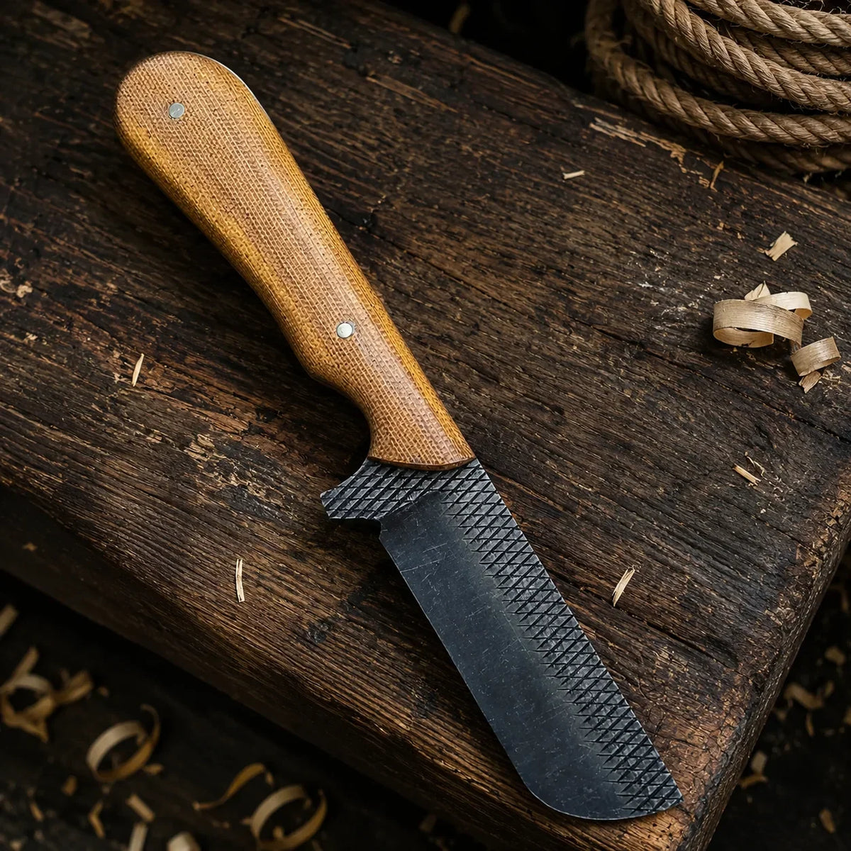 Ironhorse knife with brown Micarta handle and black rasp blade, leather sheath Frontier Gear on Tampa Home & Garden Store