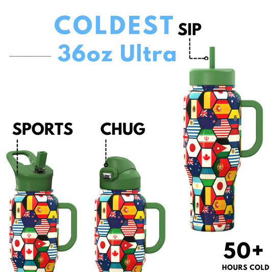 Coldest 36oz Limitless Ultra v8 water bottle with green cap and mosaic flag wrap set of 4 on Tampa Home & Garden Store