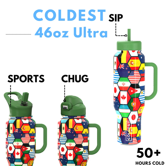 Three Coldest 46oz Limitless Ultra v8 water bottles with green lids and flag-pattern wraps on Tampa Home & Garden Store