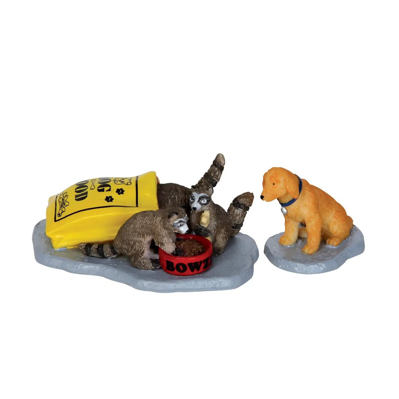 Raccoon Duo Christmas Village figurines set: two raccoons by a yellow bag and dog on snow base on Tampa Home & Garden Store
