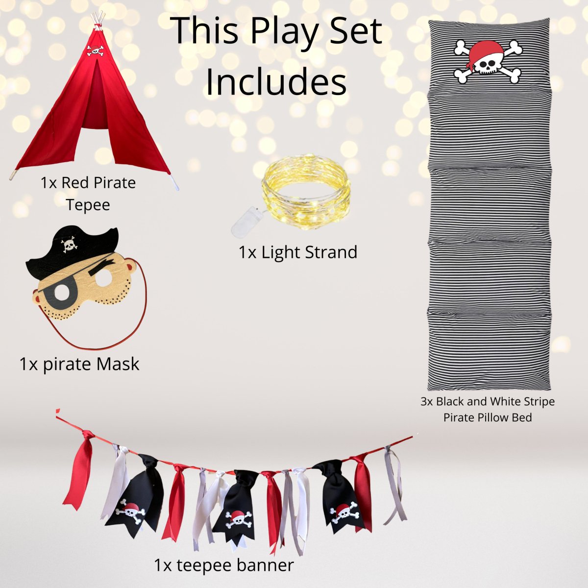 Pirate Teepee Tent Play Set, red tepee, pirate mask, light strand, striped pirate pillows 3 on Tampa Home & Garden Store