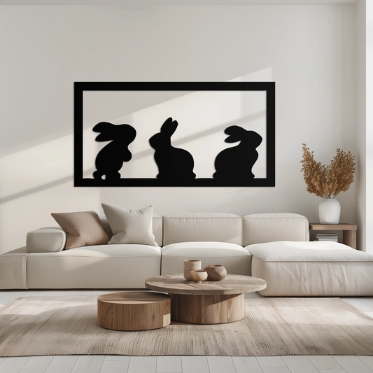 Three Bunny Silhouette Metal Wall Art in Black framed wall decor with bunny silhouettes on Tampa Home & Garden Store