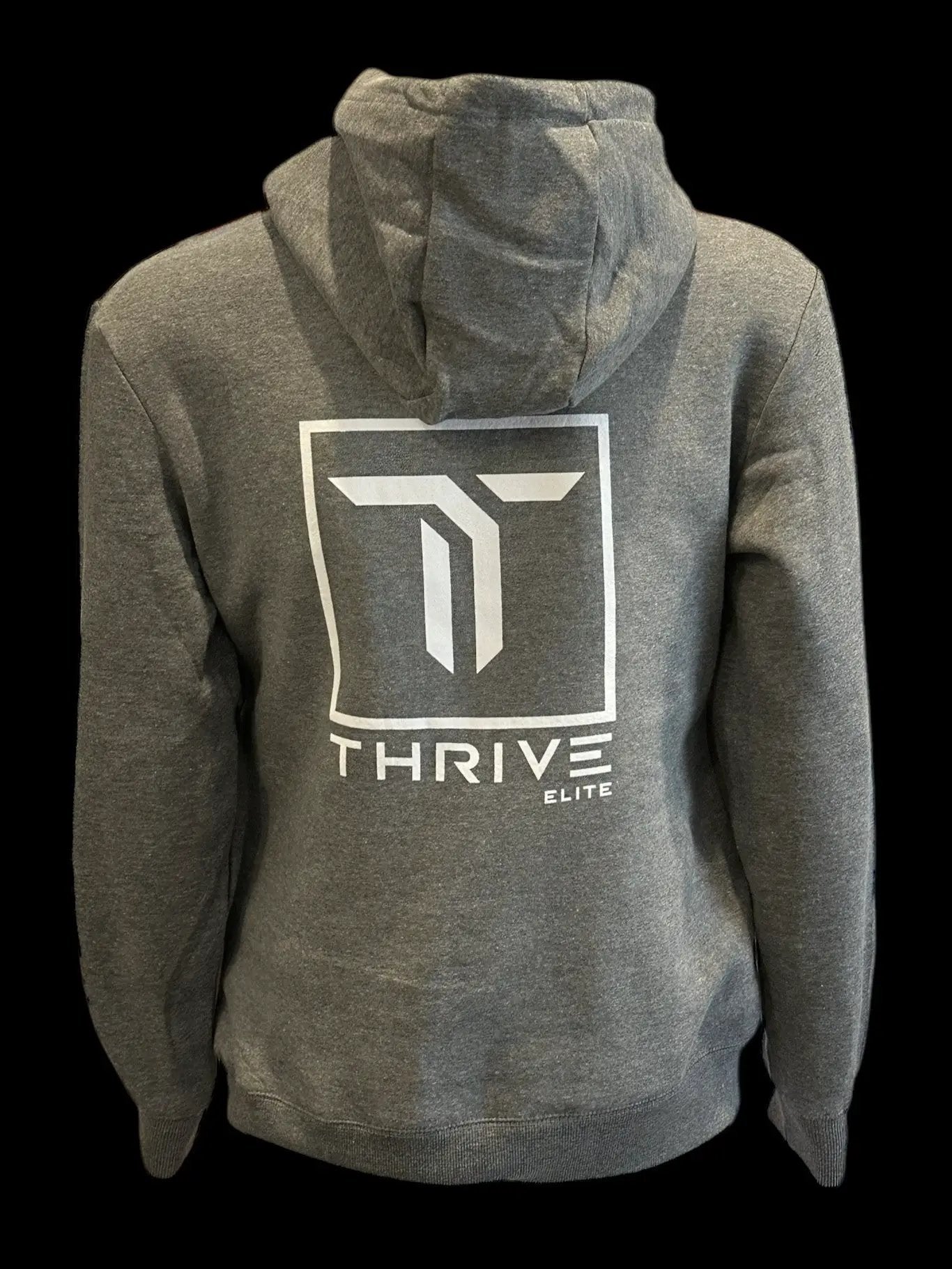 Thrive Elite Fleece Hoodie back view in heather gray with Thrive logo, pickleball hoodie on Tampa Home & Garden Store