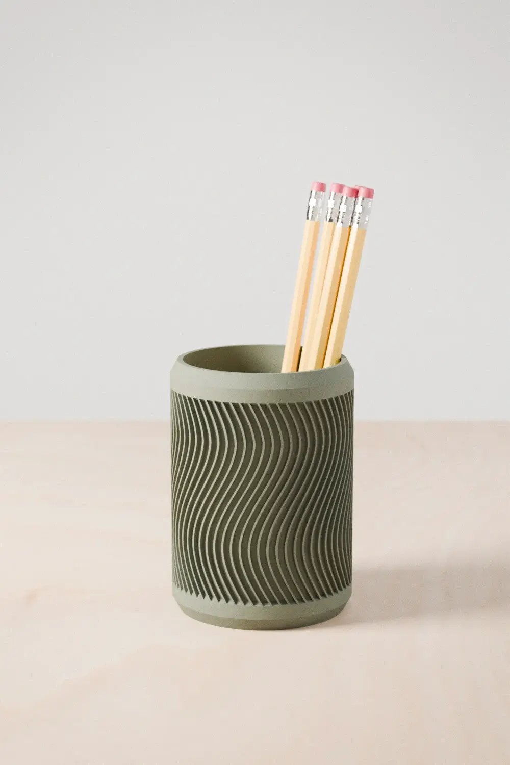 Tidal Pencil Holder for Modern Desks, olive green ceramic with wave grooves, holds 4 pencils on Tampa Home & Garden Store