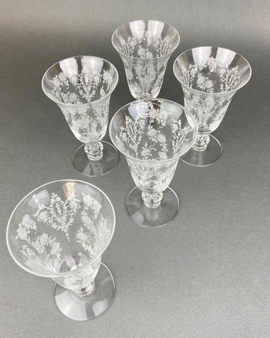 Tiffin Franciscan Juice Stemware with Etched Beautiful Cherokee Rose Pattern. Set of Five Juice or Water Glasses. - Tampa Home & Garden Store