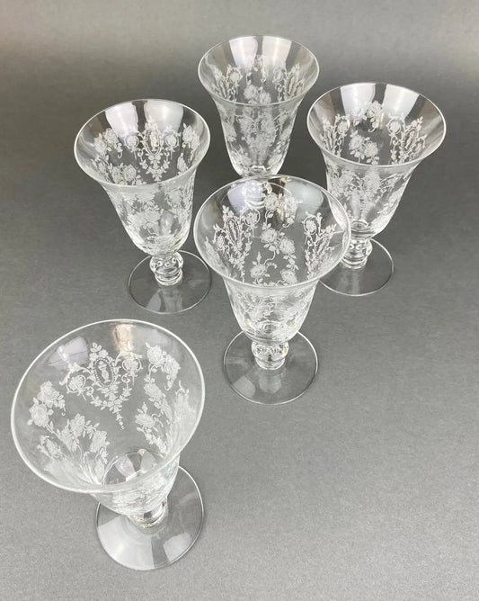 Tiffin Franciscan juice stemware Cherokee Rose etched pattern; clear glass set of five on Tampa Home & Garden Store