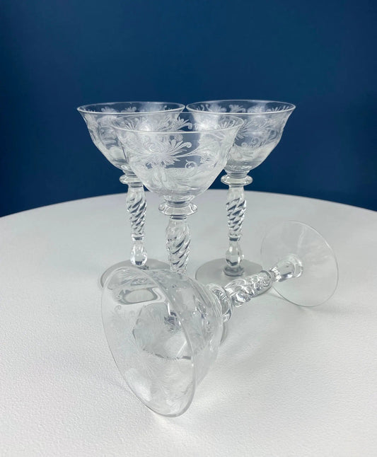 Tiffin Franciscan Sweet Wine Glasses set of four, crystal clear etched floral stemware on Tampa Home & Garden Store