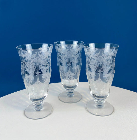 Tiffin Franciscan water glasses, set of five, etched floral crystal stemware on Tampa Home & Garden Store