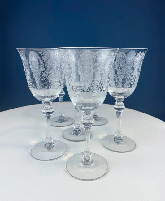 Tiffin-Franciscan wine goblets, etched June Night pattern, set of 6 crystal stemware on Tampa Home & Garden Store