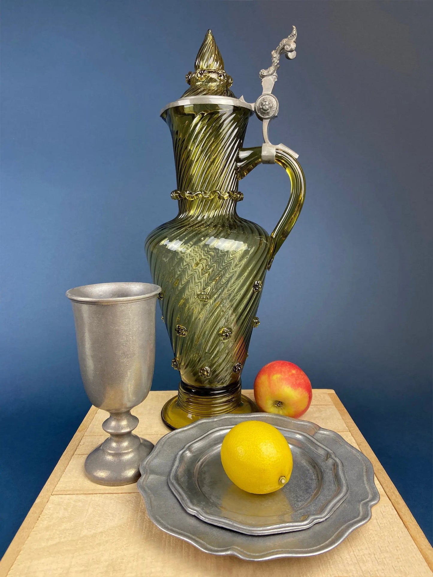 Tiffin-Franciscan wine decanter olive-green glass with etched pattern and pewter handle on Tampa Home & Garden Store