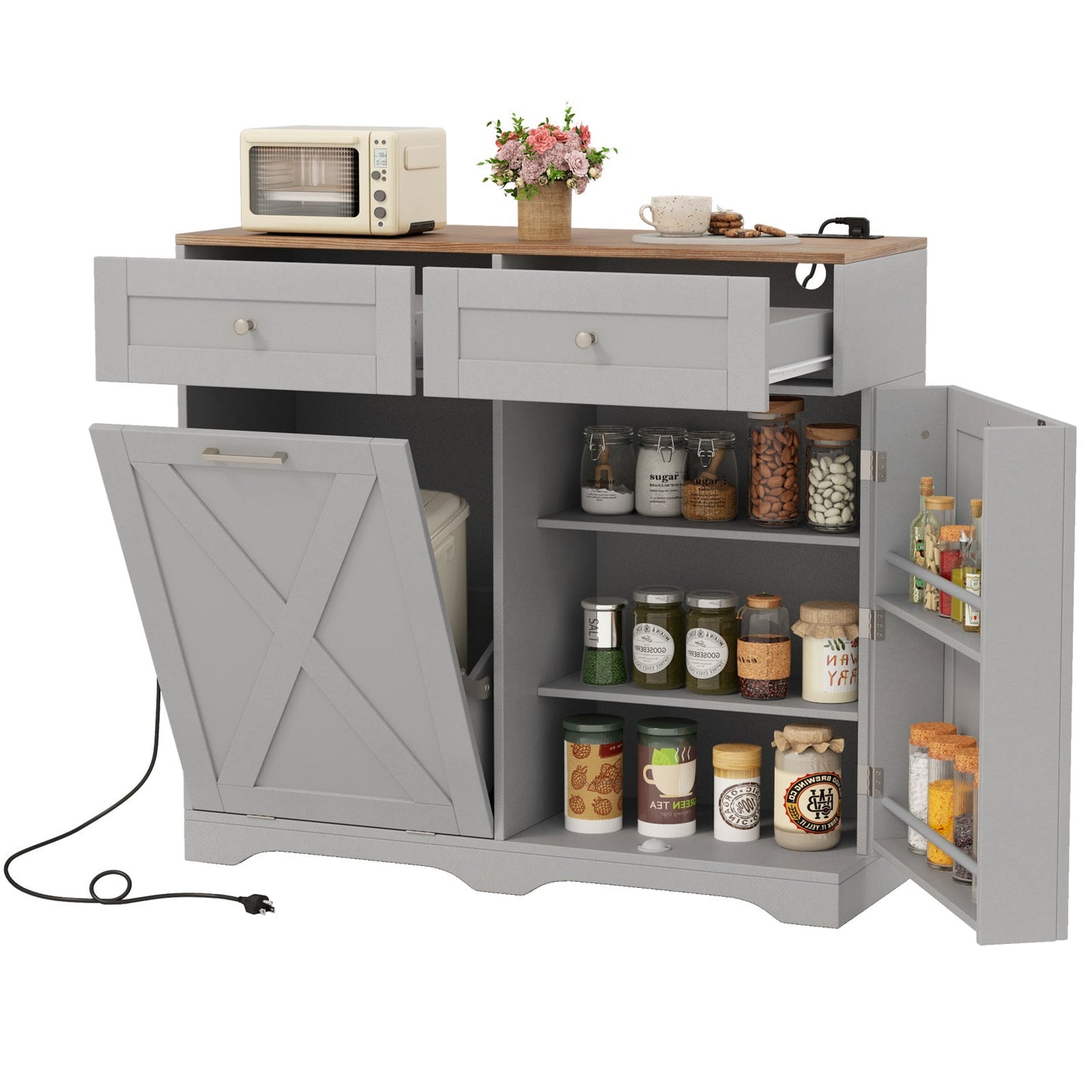 Cubo de Basura Inclinable con Enchufes y Estante Ajustable - Negro