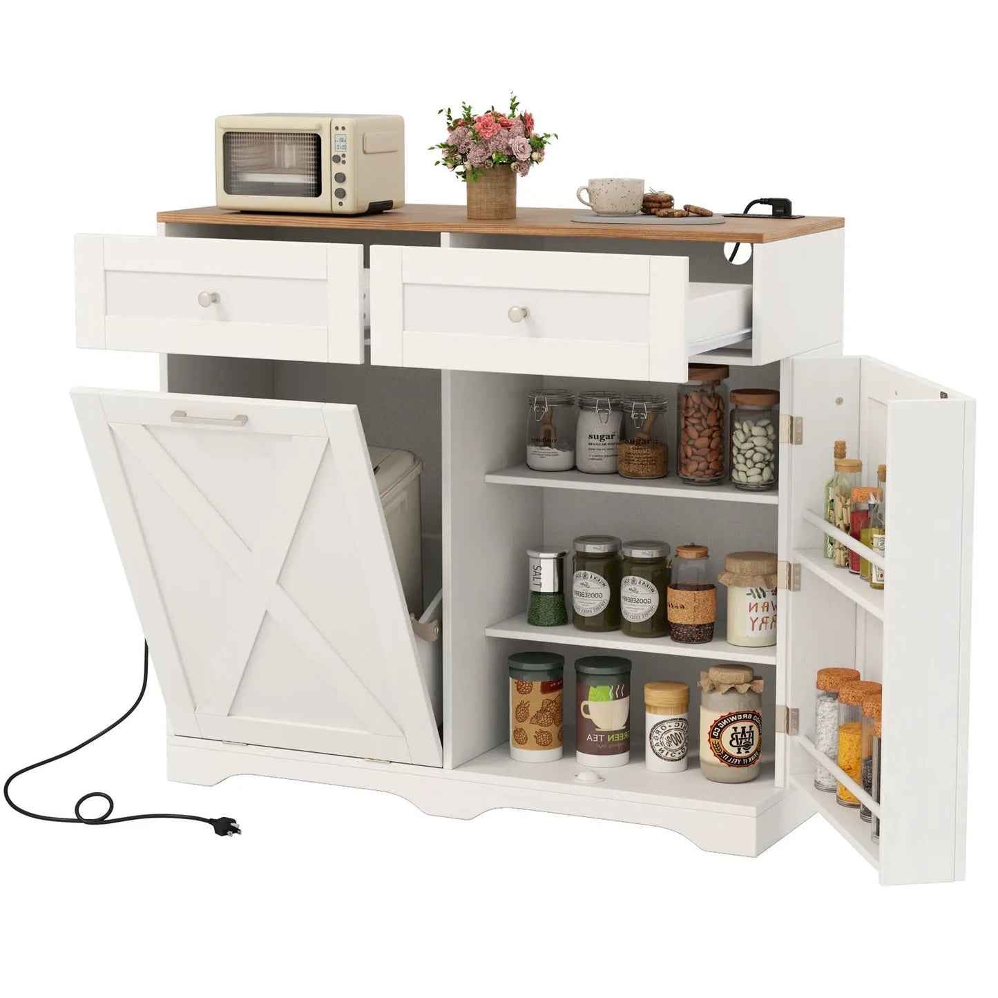 Tilt Out Trash Can Cabinet With Power Outlets, white cabinet with wood top by DirectDeals on Tampa Home & Garden Store