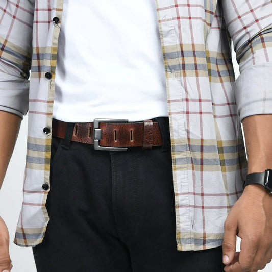 Timberline Dark Brown Leather Belt with silver square buckle, classic style on Tampa Home & Garden Store