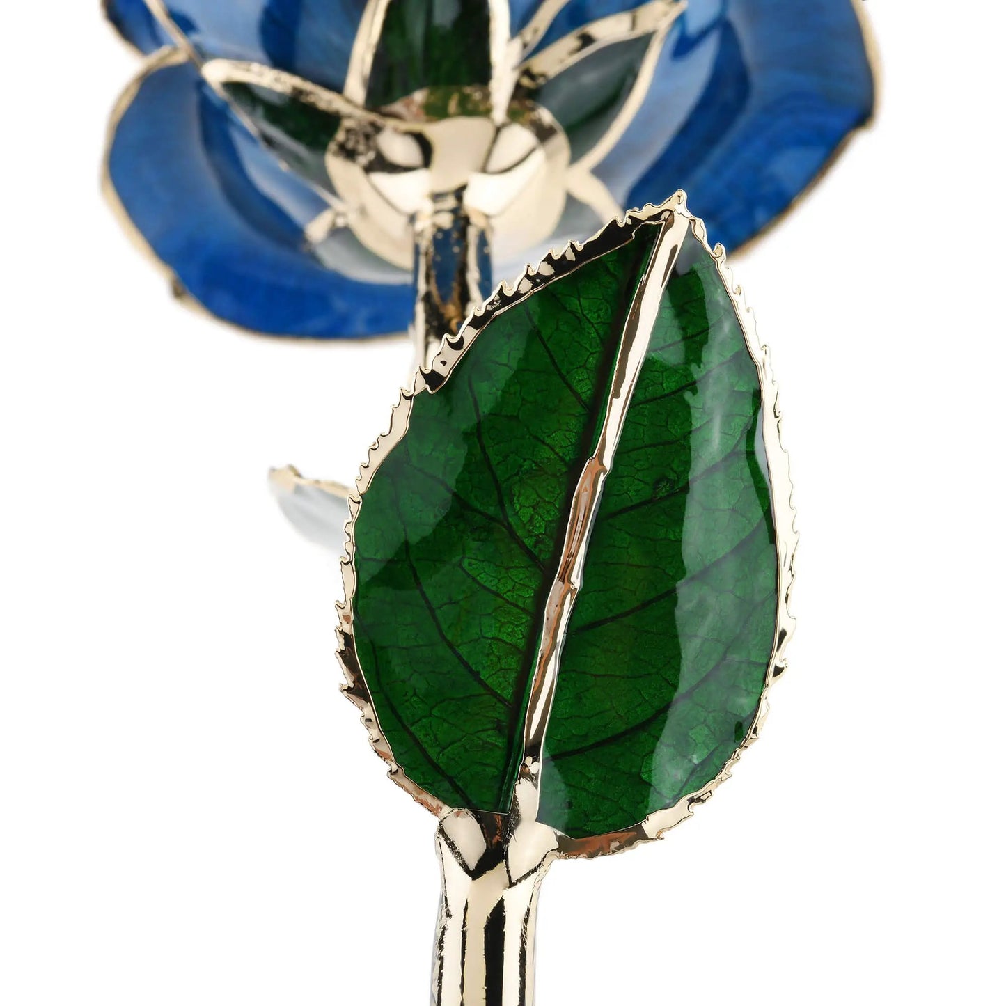 Timeless Blue Rose in 24K Gold Finish with gold-edged green leaf accents on Tampa Home & Garden Store