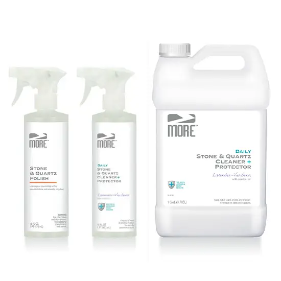 MORE Stone & Quartz Cleaner Polish Refill Pack; 3-pack MORE Surface Care bottles and jug on Tampa Home & Garden Store
