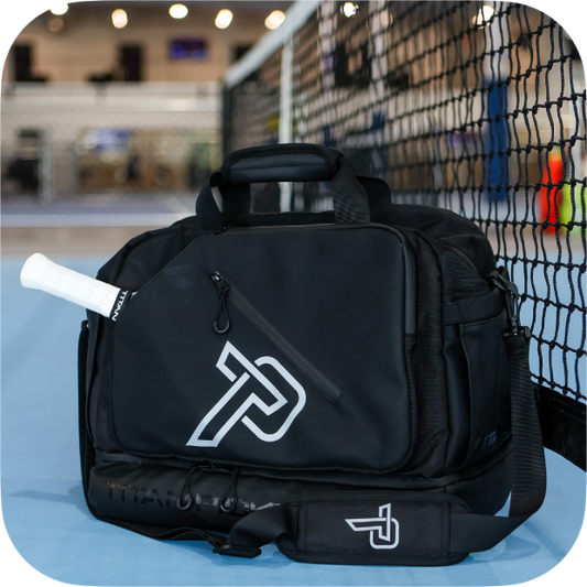 Titan Pickleball Duffle Bag, black nylon with white logo and padded shoulder strap on Tampa Home & Garden Store