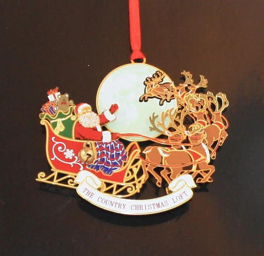 To All a Good Night Brass Ornament Santa in red sleigh with reindeer Country Christmas Loft on Tampa Home & Garden Store