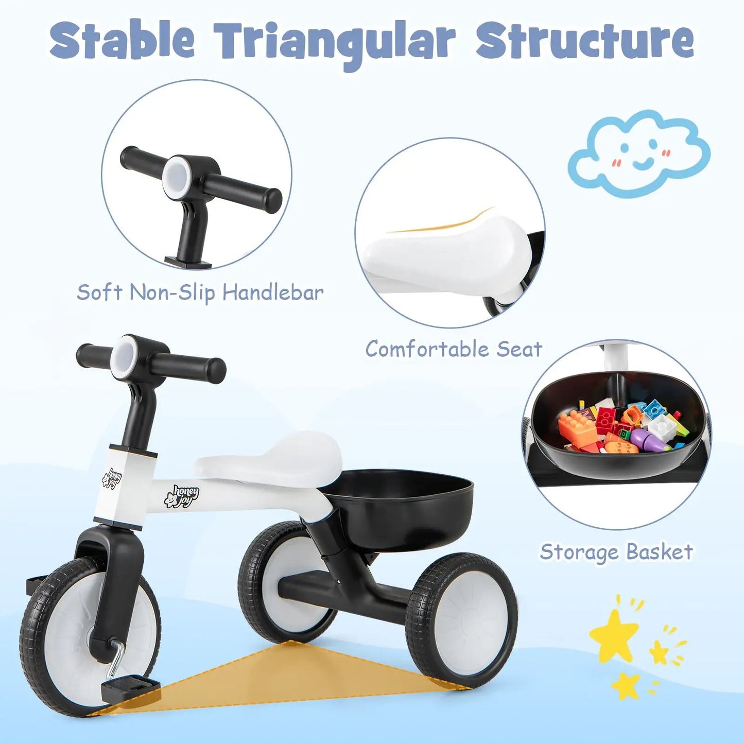 Toddler convertible trike with 86° steering, white frame, storage basket, Honey Joy branding on Tampa Home & Garden Store