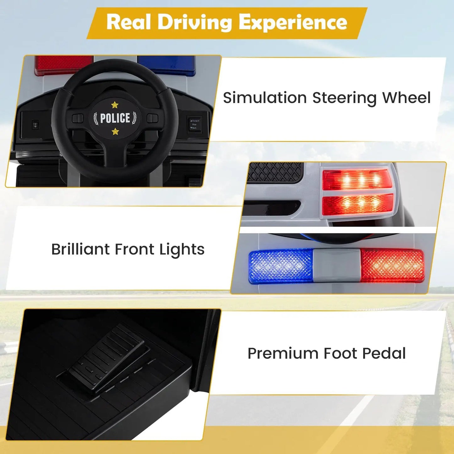 12V Toddler Fire Toy Car steering wheel with police badge and controls, emergency lights on Tampa Home & Garden Store