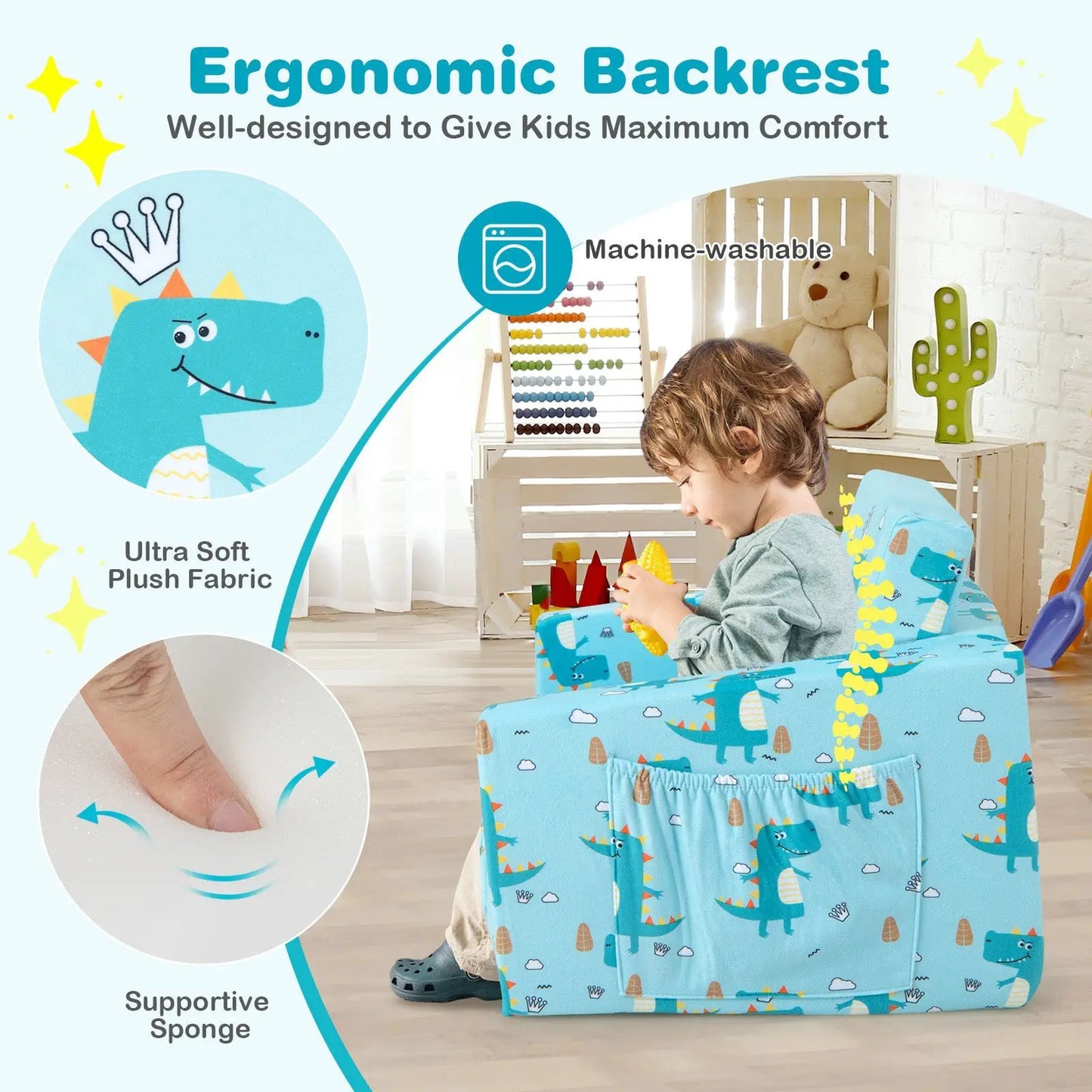 Kids blue recliner sofa with dinosaur slipcover converts to sleeper bed on Tampa Home & Garden Store
