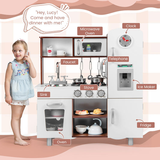 Kids Kitchen Playset with Realistic Sounds and Lights-Brown & White - Tampa Home & Garden Store
