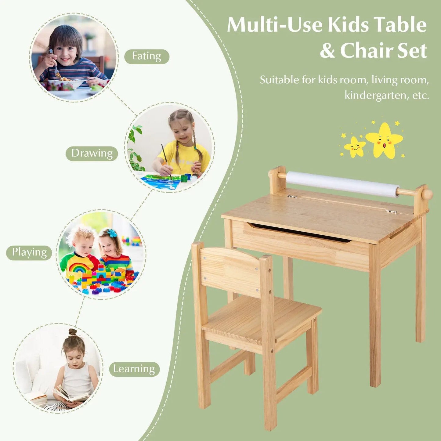 Toddler table and chair set in natural wood with paper roll for drawing eating and learning on Tampa Home & Garden Store