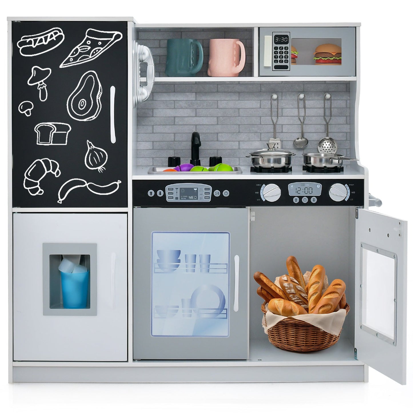 Toddler pretend play kitchen with blackboard panel, stove with 2 pots, microwave, and basket on Tampa Home & Garden Store