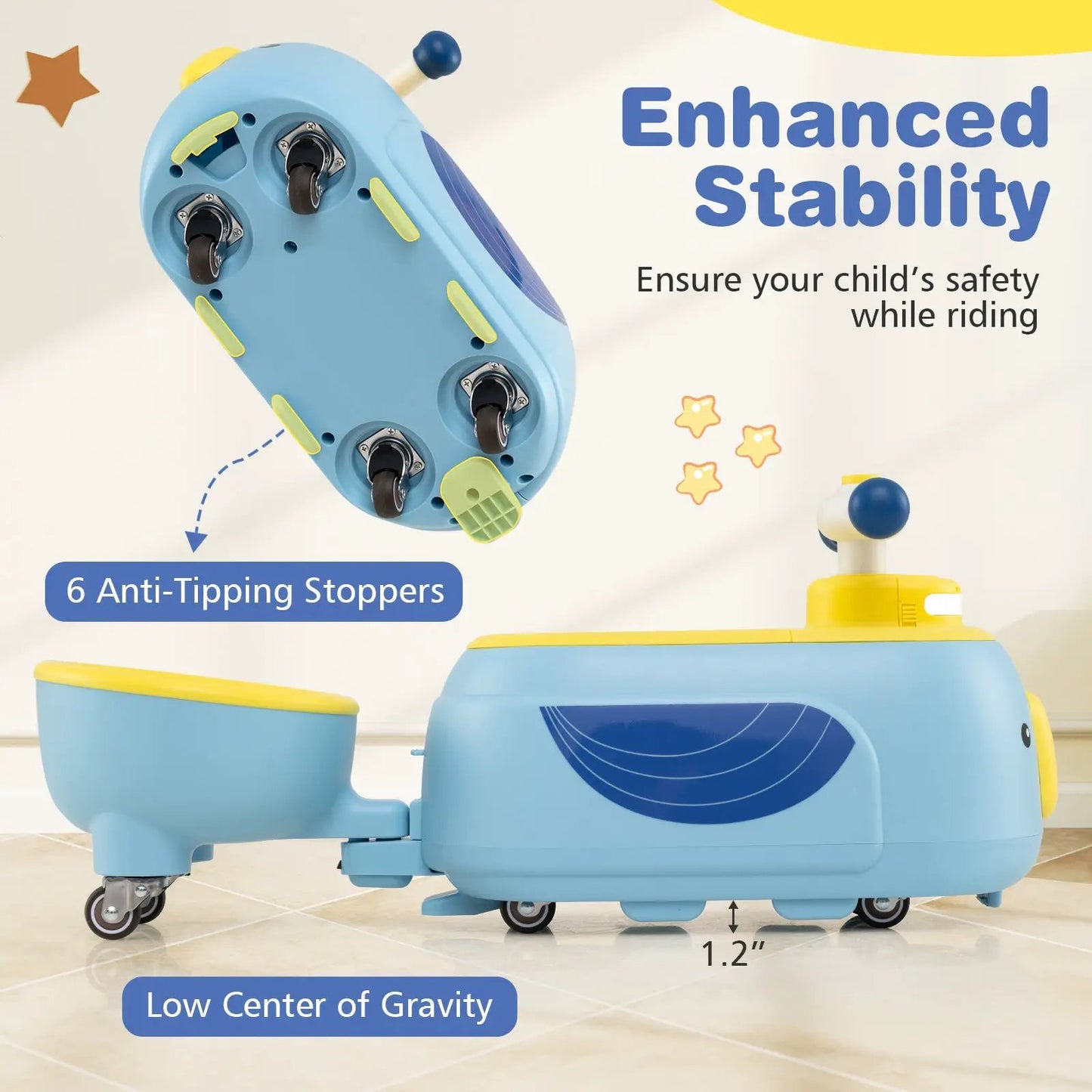 Toddler blue ride-on toy with trailer and light music, yellow accents, 6 anti-tip stoppers on Tampa Home & Garden Store