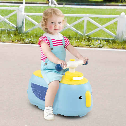 Toddler ride-on toy in blue with yellow accents; child sits on a round animal-shaped vehicle on Tampa Home & Garden Store