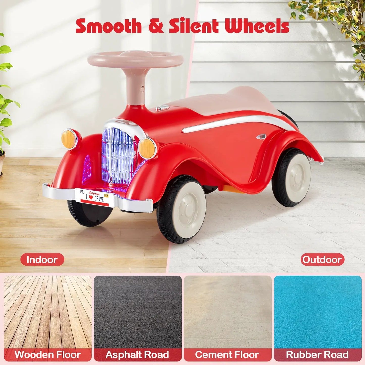 Toddler ride-on car with horn and LED headlights, red vintage style, DirectDeals on Tampa Home & Garden Store