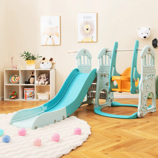 Toddler Slide and Swing Set with Extra-long Slide Height Adjustable Swing Basketball Hoop and Climber - Tampa Home & Garden Store