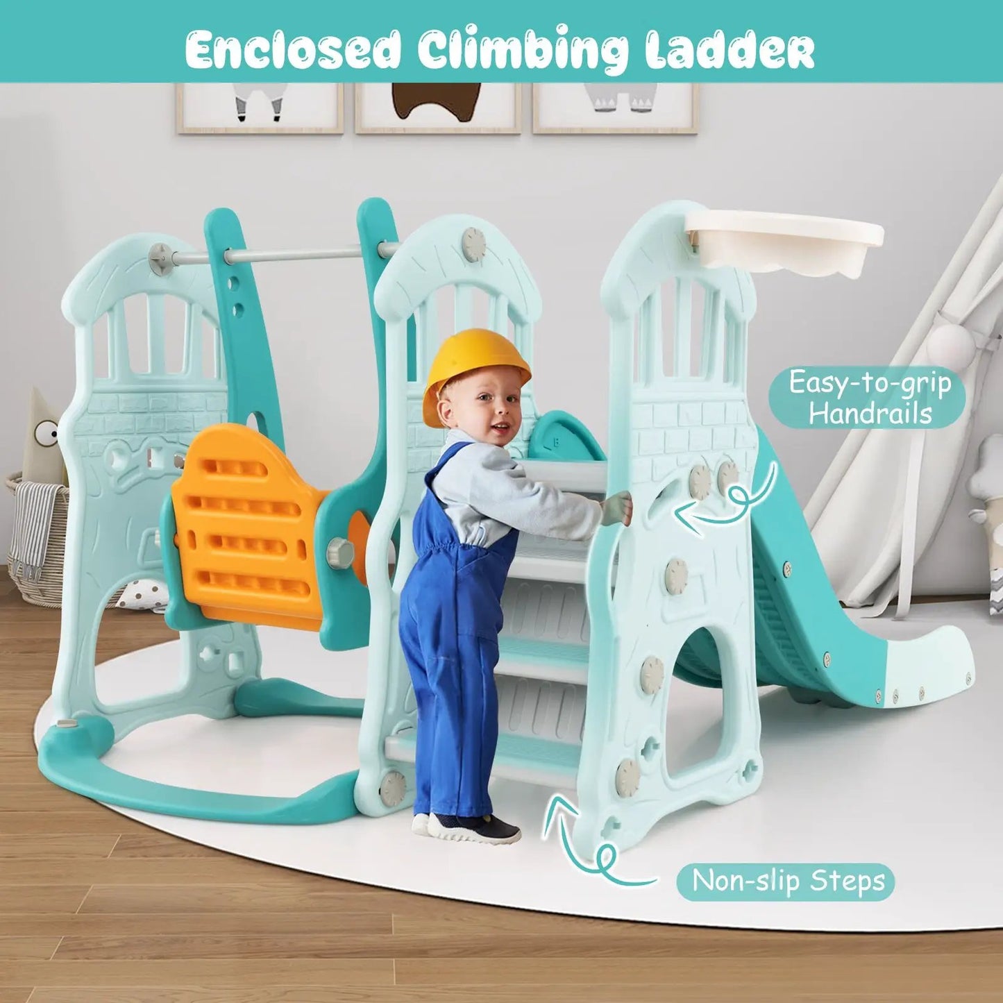 Toddler Slide and Swing Set with Extra-long Slide Height Adjustable Swing Basketball Hoop and Climber - Tampa Home & Garden Store