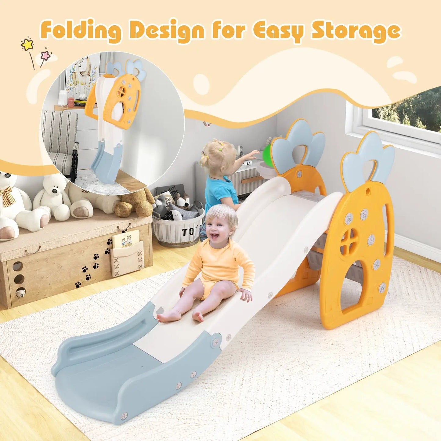 Foldable Slide with Basketball Hoop and Buffer Zone for Kids Aged 3+ Years Old - Tampa Home & Garden Store