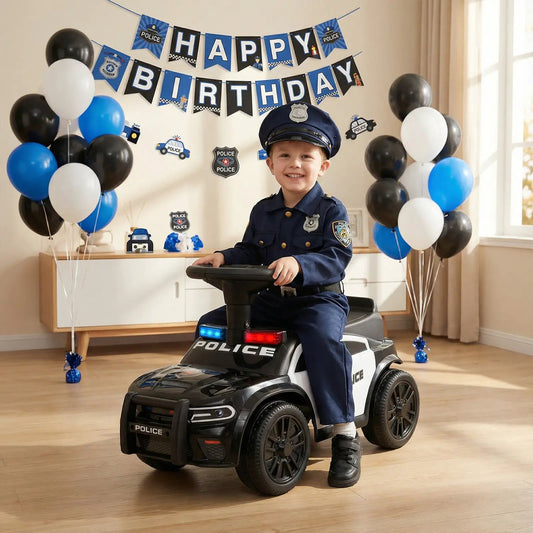 Toddler police ride-on car, black and white with steering wheel and under-seat storage on Tampa Home & Garden Store