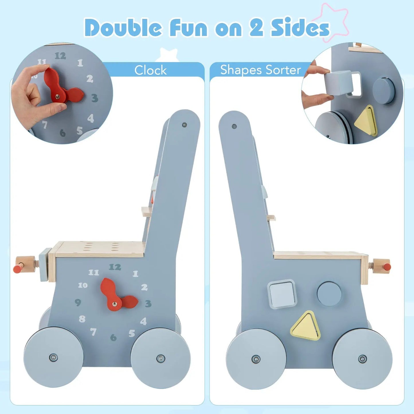 2-in-1 Toddler Wooden Push Walker, blue wood with clock and shapes sorter, DirectDeals on Tampa Home & Garden Store