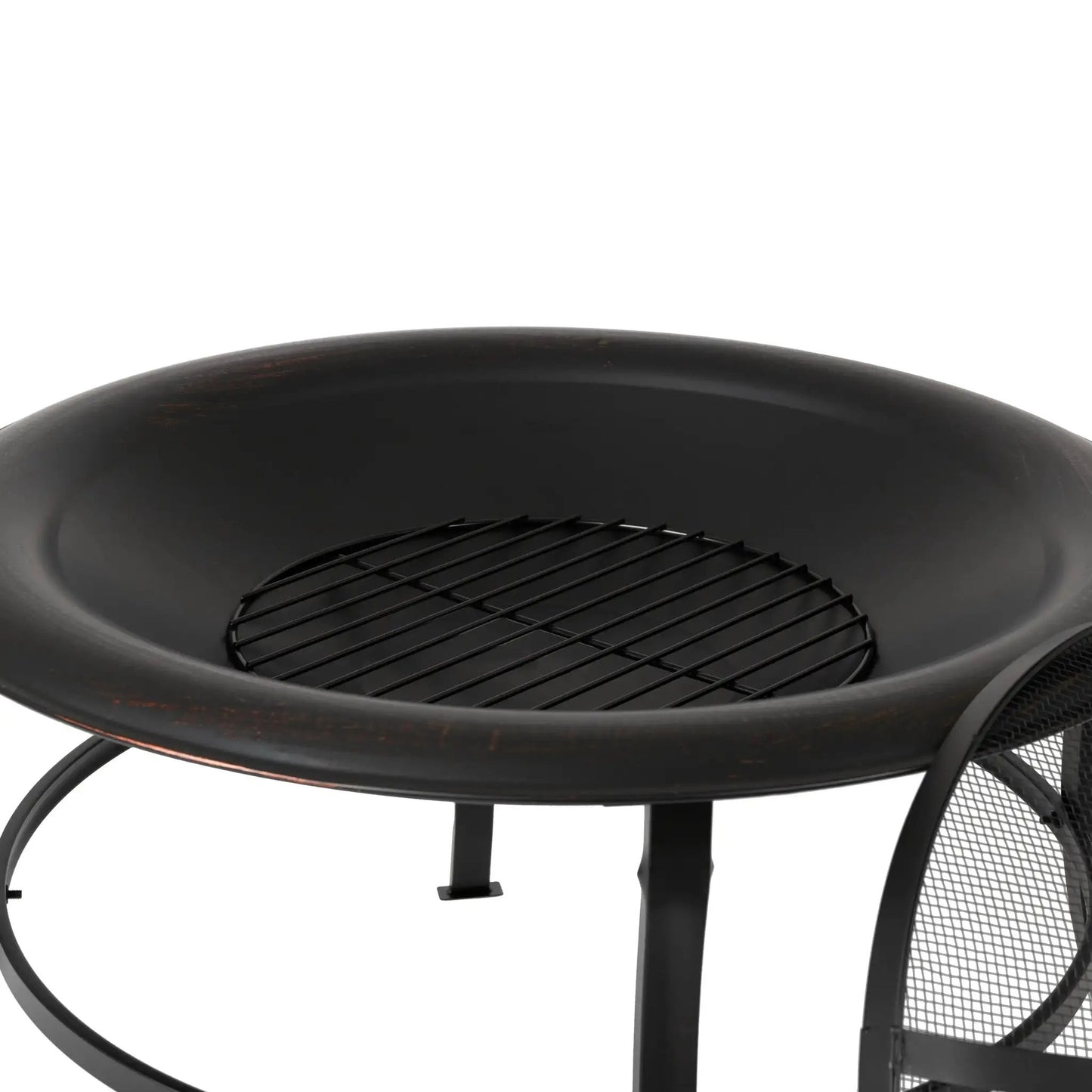 Tokia 30-Inch Round Fire Pit in black metal with mesh screen and integrated grill grate on Tampa Home & Garden Store