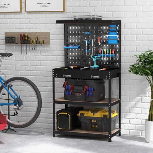 Tool Storage Workbench with Pegboard Accessories, black frame with blue hooks and drill on Tampa Home & Garden Store