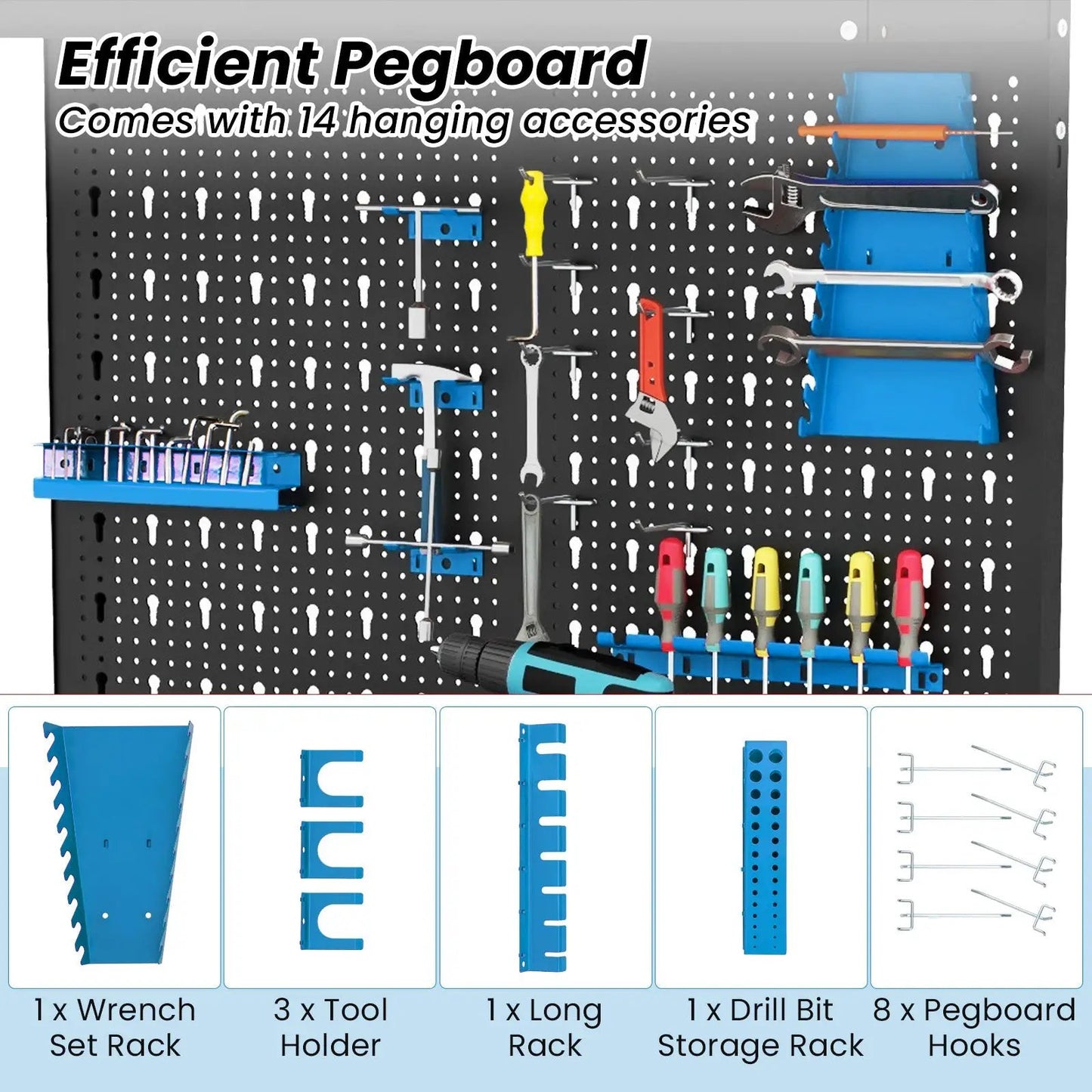 Tool Storage Workbench with Pegboard and 14 hanging accessories in black and blue DirectDeals on Tampa Home & Garden Store