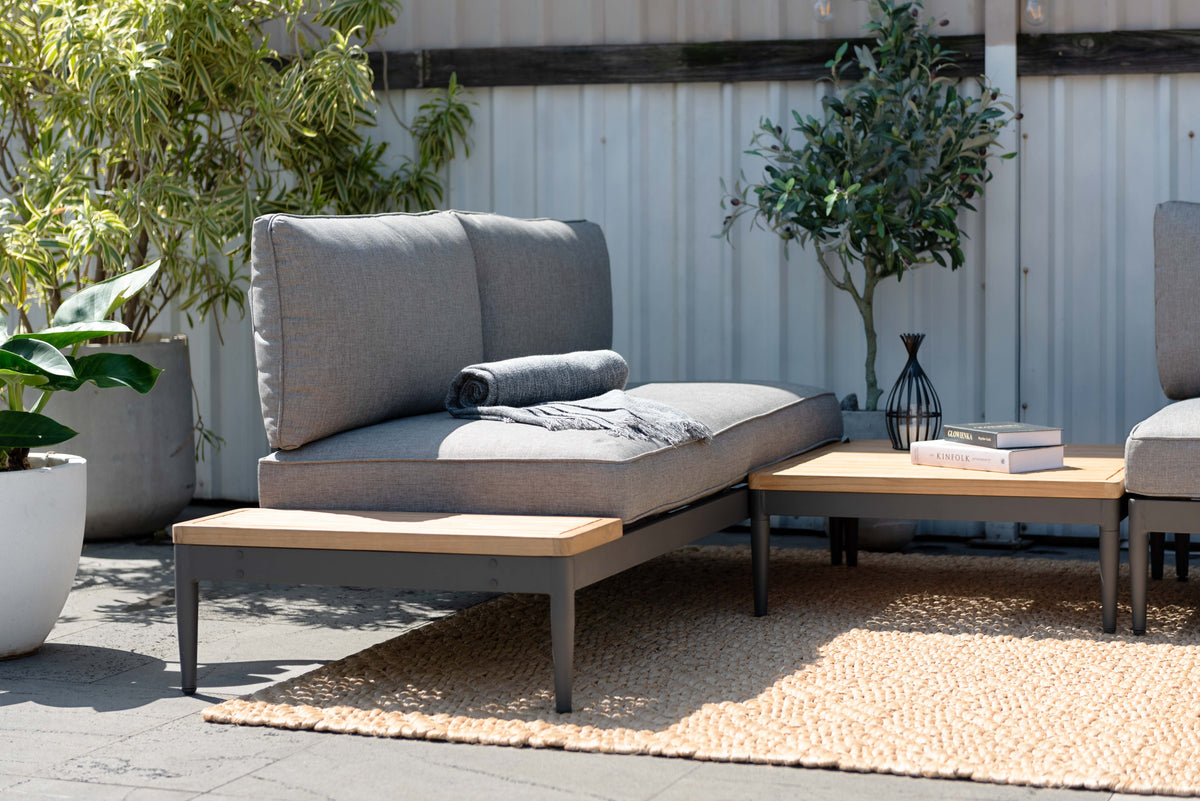 Topaz 4pc Outdoor Seating Set in gray fabric with metal frames; sofa, two chairs, coffee table on Tampa Home & Garden Store