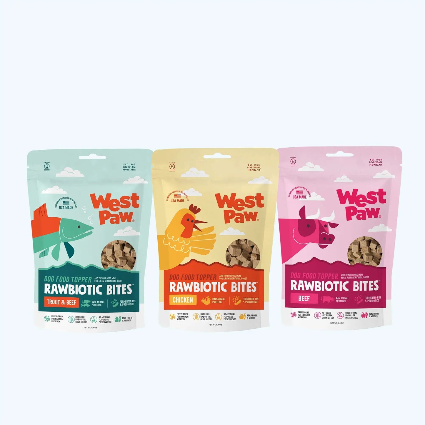 West Paw Chicken Dog Food Topper Rawbiotic Bites 3-pack in teal yellow pink pouches on Tampa Home & Garden Store