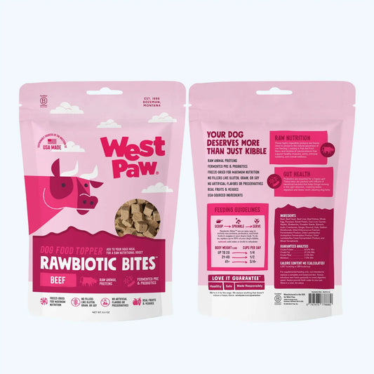 Beef dog food topper Rawbiotic Bites packaging two pink West Paw pouches with dog graphic on Tampa Home & Garden Store